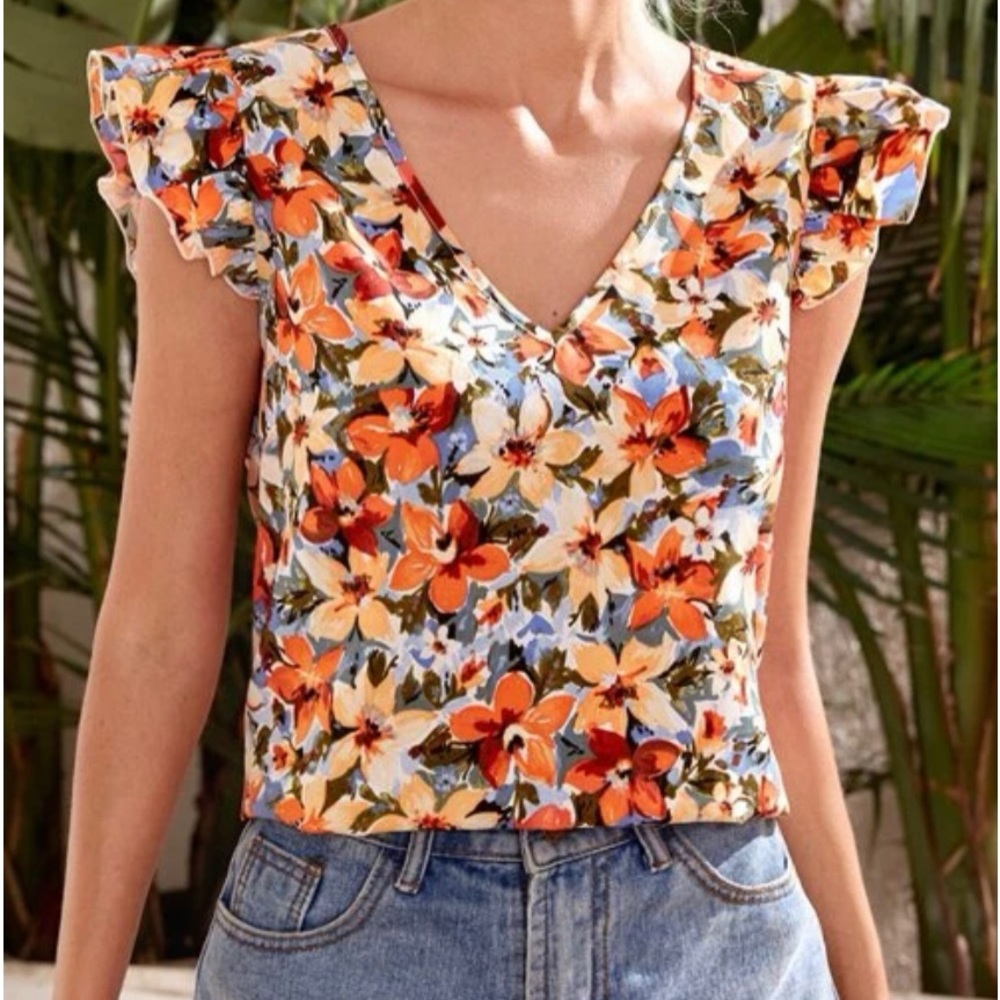 New Spring multicolor  V neck shirt with flower print
